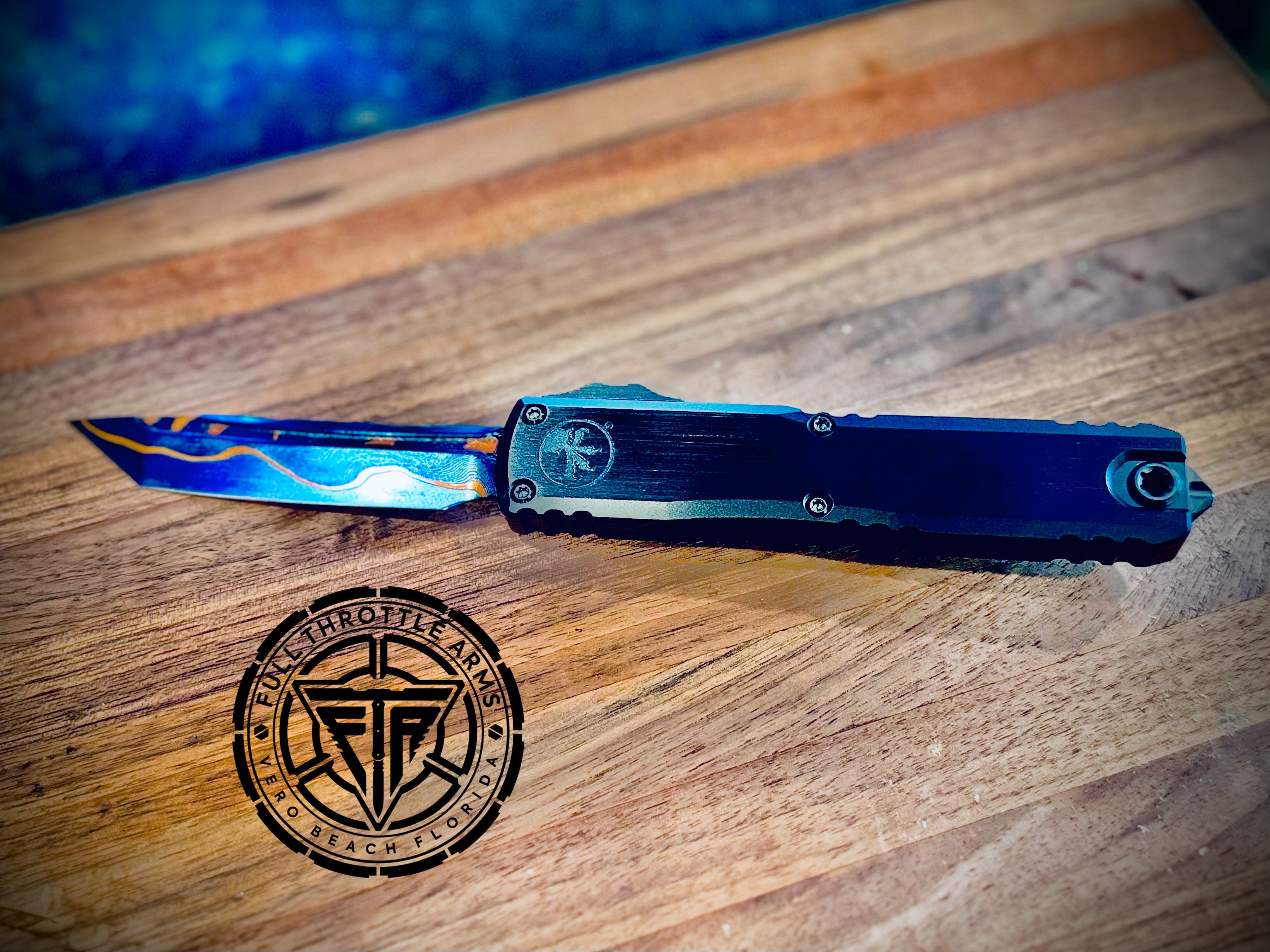 Microtech Ultratech ZBP Blued Baker Forge Copper Mai Damascus Tanto Edge 3.5” DLC HW - Zero Blade Play - Full Throttle Arms LLC